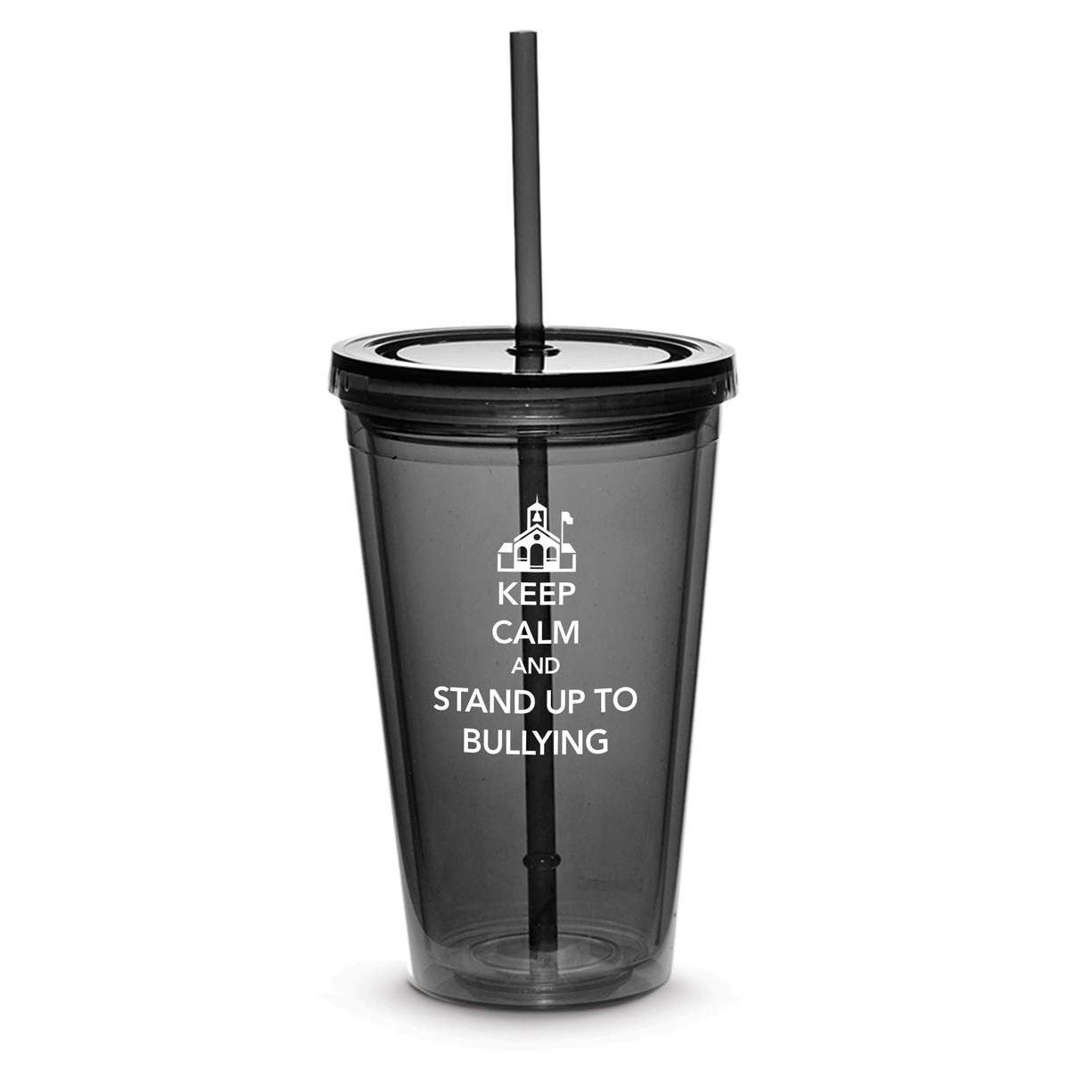 gray twist-top tumbler with straw and bullying message