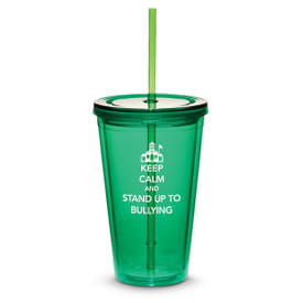 green twist-top tumbler with straw and bullying message