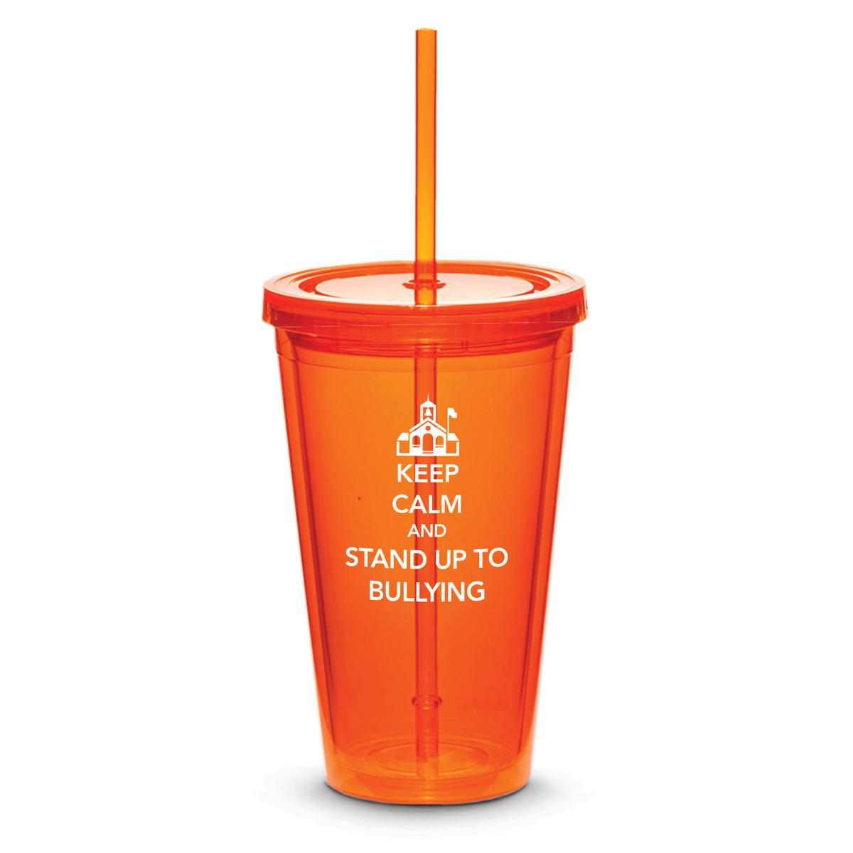 orange twist-top tumbler with straw and bullying message