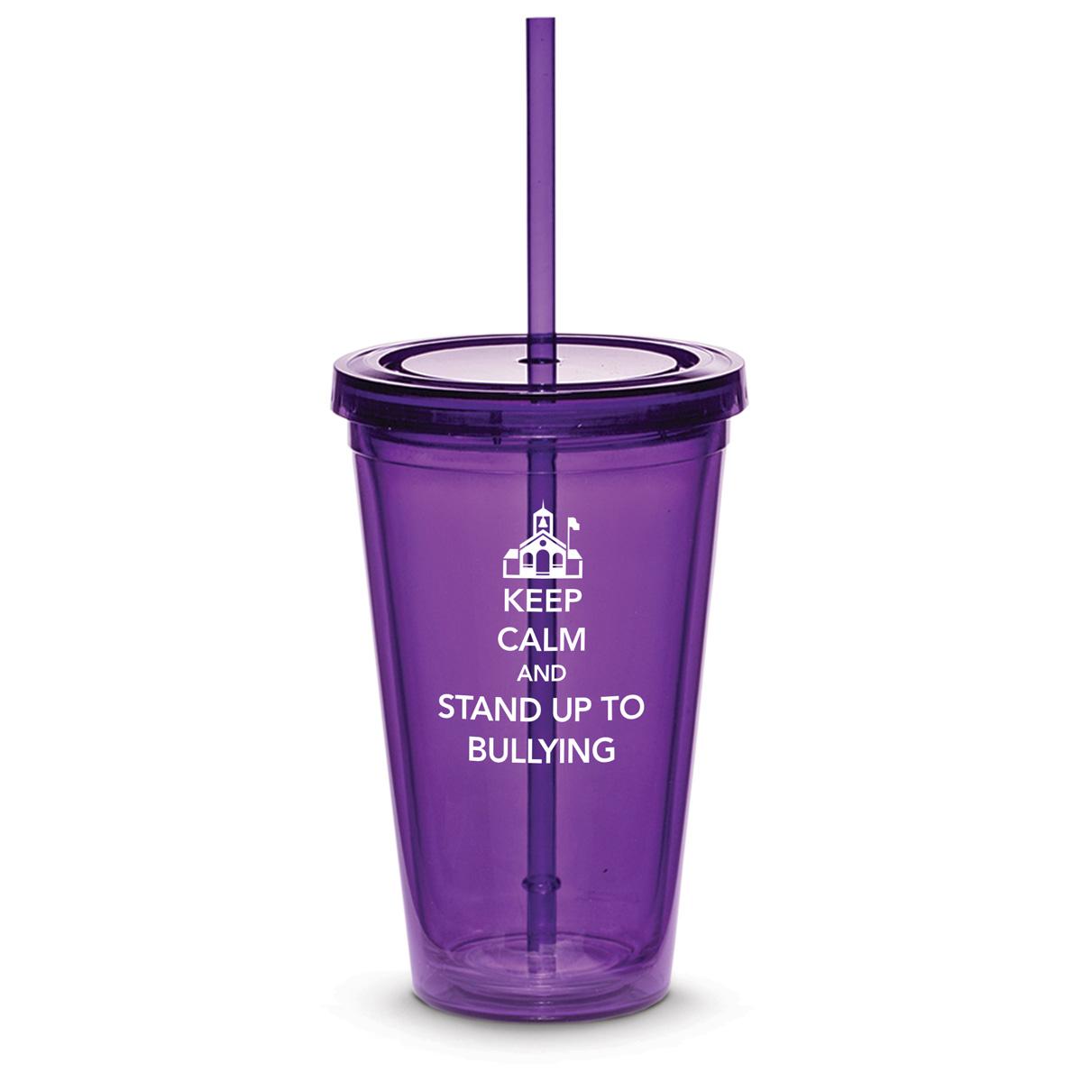 purple twist-top tumbler with straw and bullying message