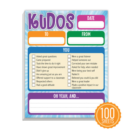 Kudos notepad featuring 100 sheets of paper