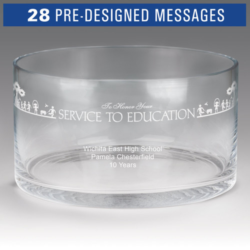 large crystal recognition bowl with service to education message