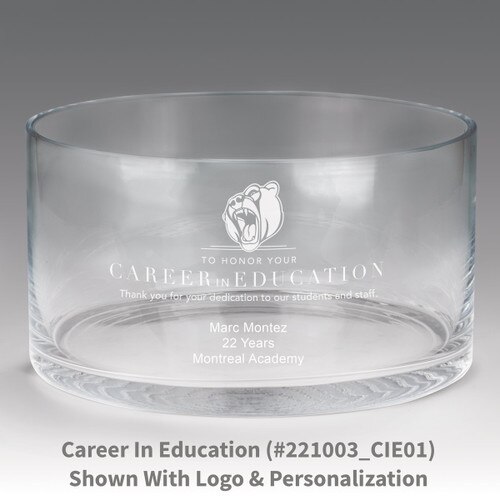 large crystal recognition bowl with career in education message