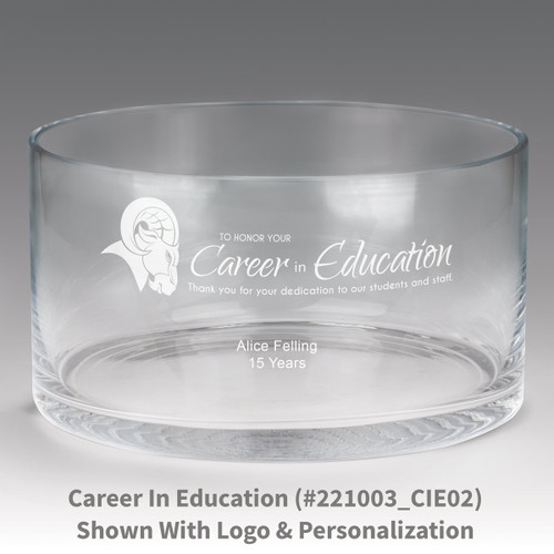 large crystal recognition bowl with career in education message