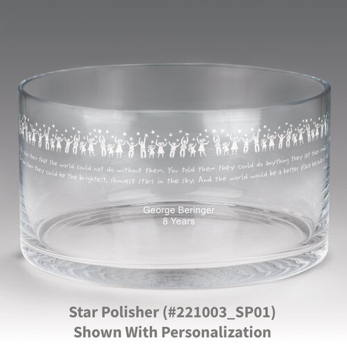 large crystal recognition bowl with star polisher message