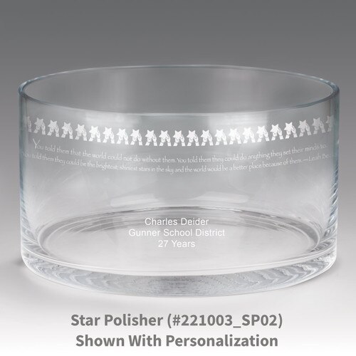 large crystal recognition bowl with star polisher message