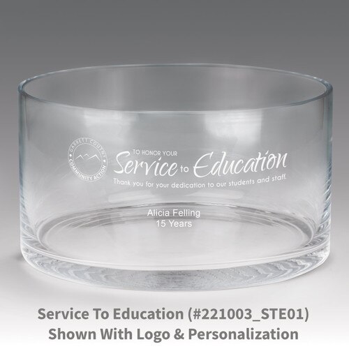 large crystal recognition bowl with service to education message