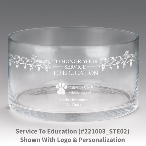 large crystal recognition bowl with service to education message