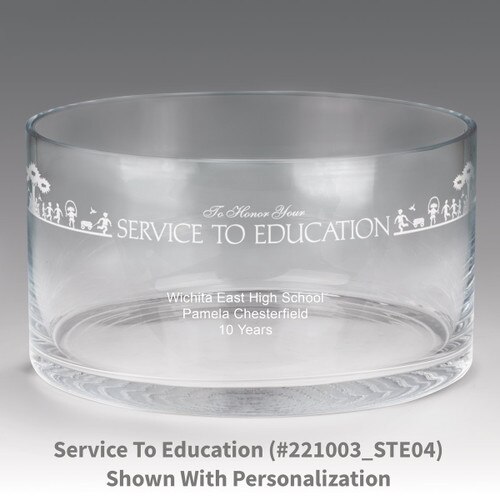 large crystal recognition bowl with service to education message