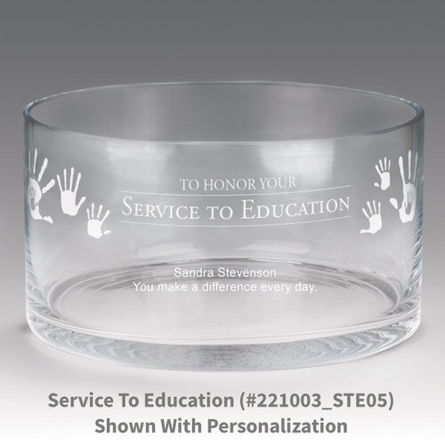 large crystal recognition bowl with service to education message