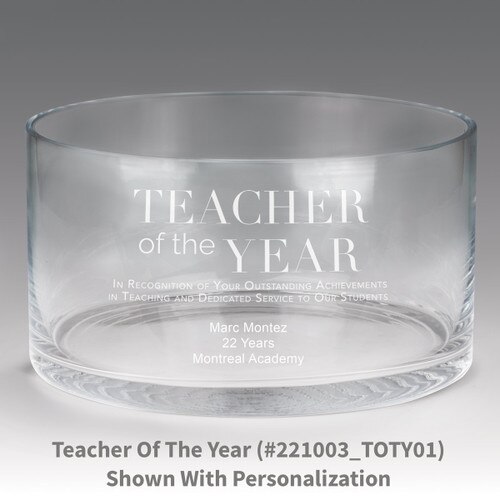large crystal recognition bowl with teacher of the year message