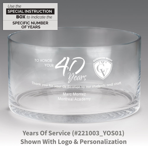 large crystal recognition bowl with years of service message
