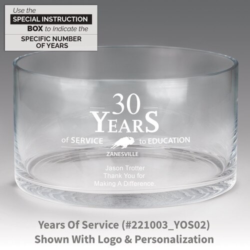 large crystal recognition bowl with years of service message