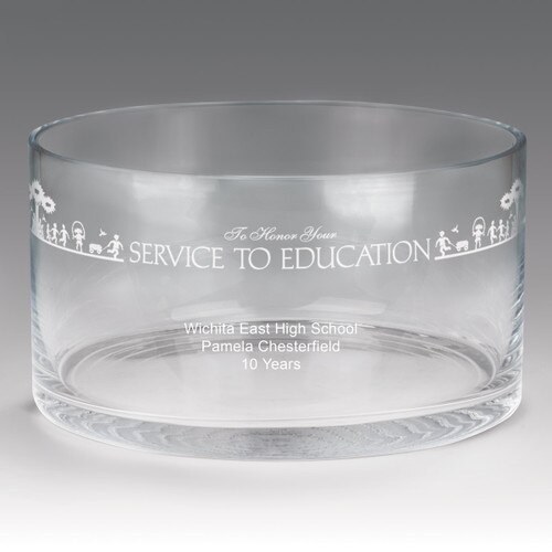 large crystal recognition bowl with service to education message
