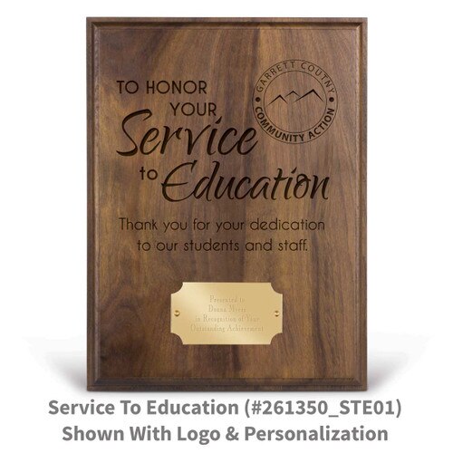 laser engraved solid walnut plaque with honor your service to education message