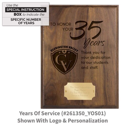 laser engraved solid walnut plaque with to honor your years of service message