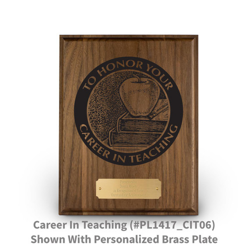 7x9 laser engraved solid walnut plaque with career in teaching message and apple design