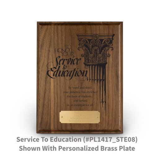 7x9 laser engraved solid walnut plaque with honor your service to education message