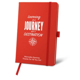 red journal with learning is a journey message and personalization