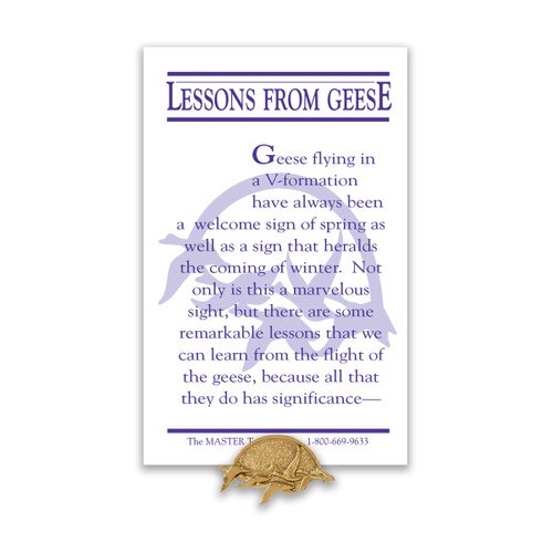 geese flying lapel pin with lessons from geese message card