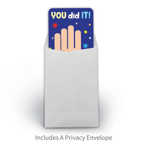 you did it praise card partly inserted into a white envelope