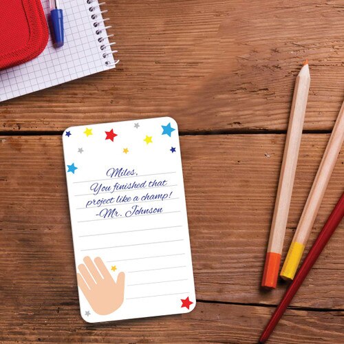 personalized positive praise card with colored pencils