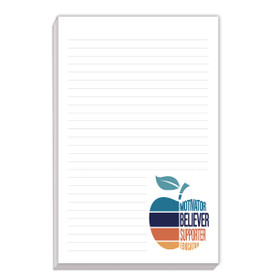 Large notepad featuring the message Motivator. Believer. Supporter. Educator. and an apple. 80 sheets of paper.