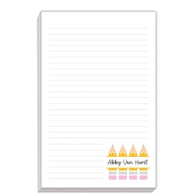 Large notepad featuring four pencils. Personalize with a name. 80 sheets of paper.