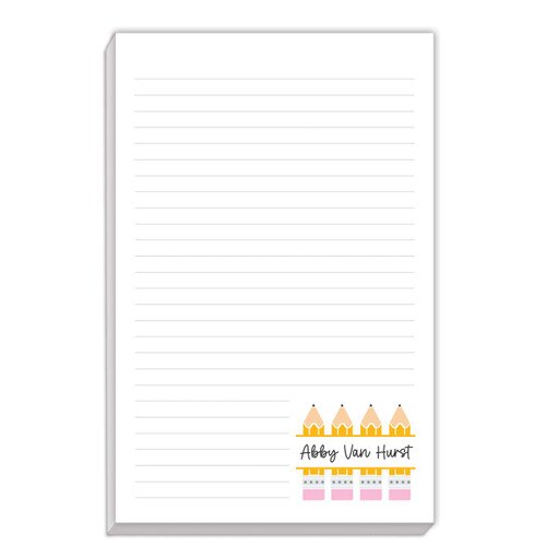 Large notepad featuring four pencils. Personalize with a name. 80 sheets of paper.