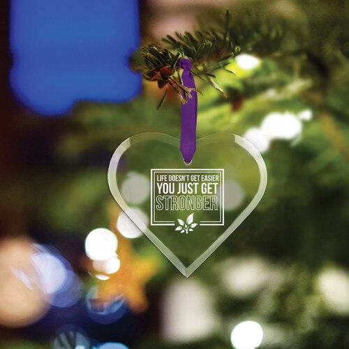 heart shaped crystal ornament with you just get stronger message and purple ribbon