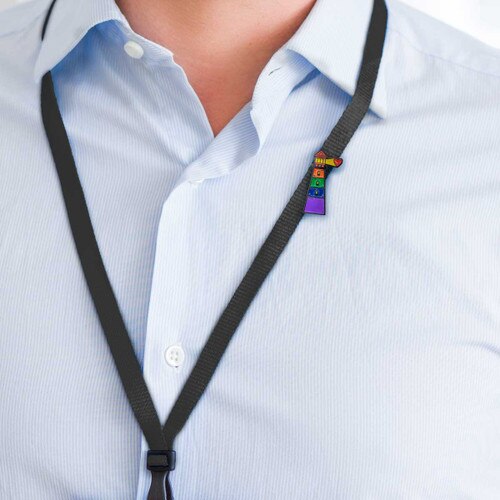 light house lapel pin on a lanyard