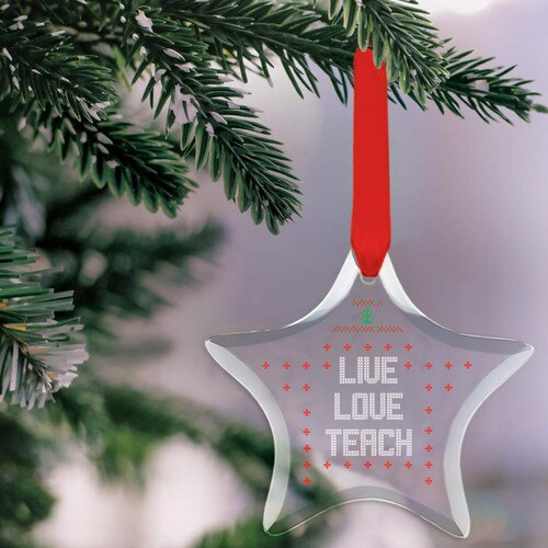 star shaped crystal ornament with live love teach message and red satin ribbon