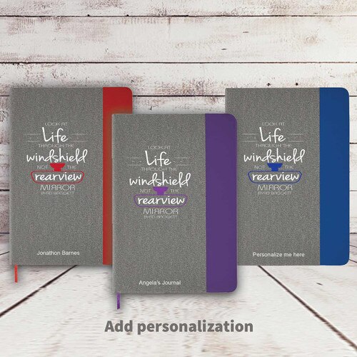 heather gray hardbound journals with red, purple, and blue accents with Look At Life message and personalization