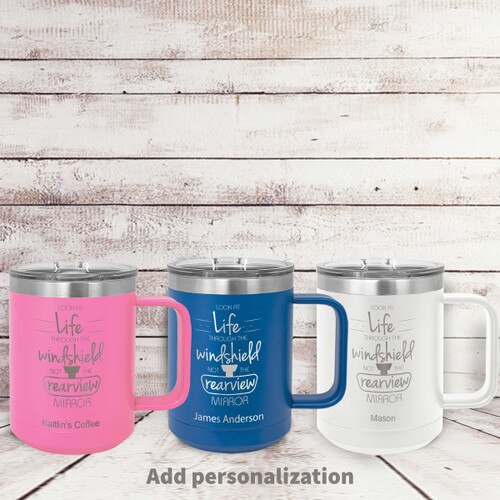 pink, blue and white insulated coffee mugs with Look At Life message