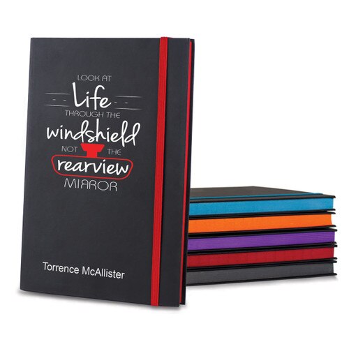 black matte journals in multiple accent colors with Look At Life message and personalization