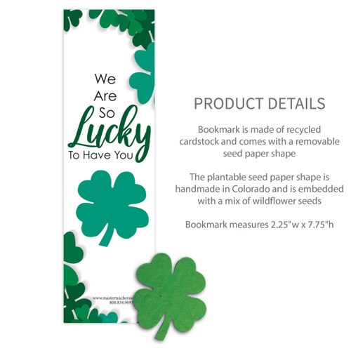 bookmark with we are so lucky message and product details
