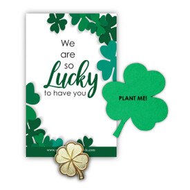 Clover lapel pin with presentation card and clover shape seed paper