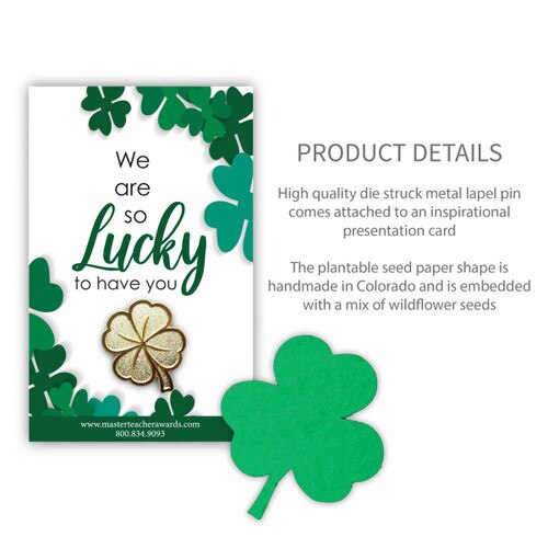 clover lapel pin and clover shape seed paper with product details