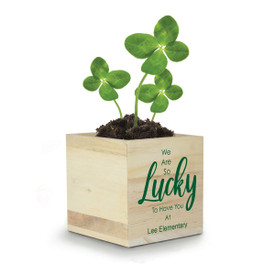 This Natural Pine Wood Plant Kit With Clover Seeds Features The Inspirational Message “We Are So Lucky To Have You”