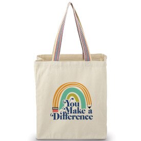 Recycled cotton tote bag w/ rainbow accent handles. Features the inspirational message You Make A Difference.