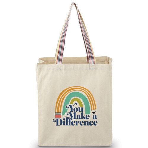 Recycled cotton tote bag w/ rainbow accent handles. Features the inspirational message You Make A Difference.