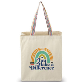 Recycled cotton tote bag w/ rainbow accent handles. Features the inspirational message You Make A Difference.