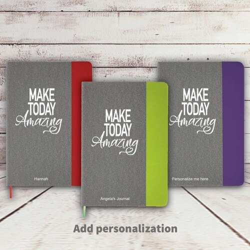 heather gray hardbound journals with red, green, and purple accents with Make Today Amazing message and personalization