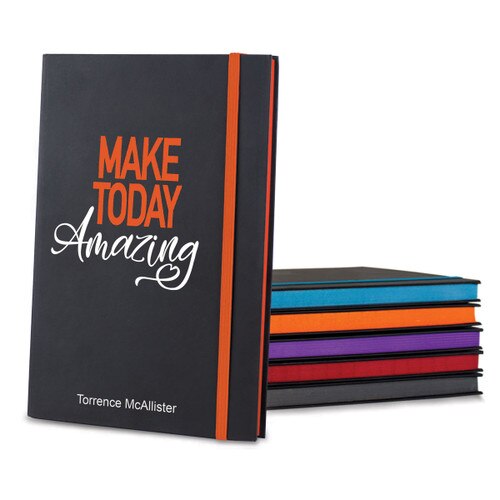 black matte journals in multiple accent colors with Make Today Amazing message and personalization