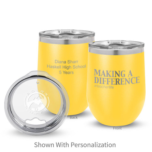 yellow 12 oz. stainless steel tumblers with making a difference message and personalization