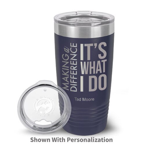navy stainless steel tumblers with making a difference message and personalization