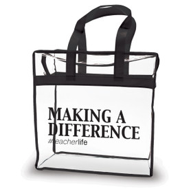 clear plastic bag with black trim and handle featuring making a difference message
