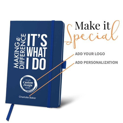blue journal with making a difference message and add your logo