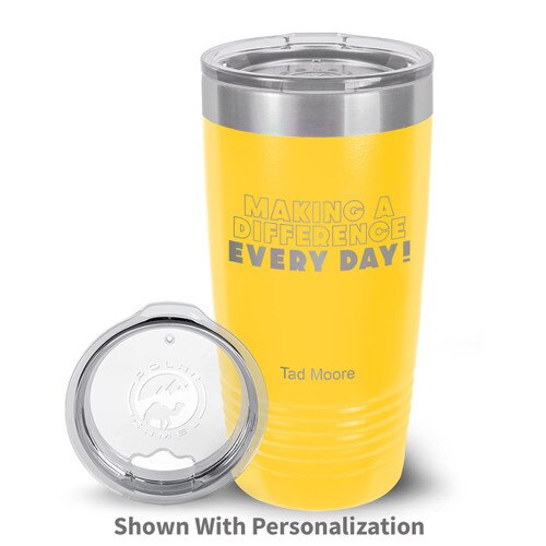 yellow stainless steel tumbler with making a difference message and personalization