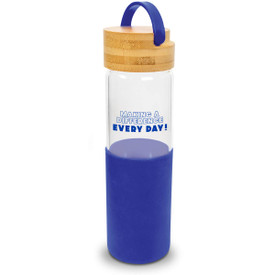 20 oz. water bottle w/ white silicone sleeve, bamboo lid and carrying handle. Featured message: Making A Difference Every Day.